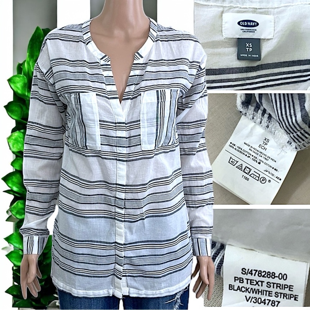 Old Navy Stripe Button Down V Neck Shirt Tunic Top - Picture 14 of 16
